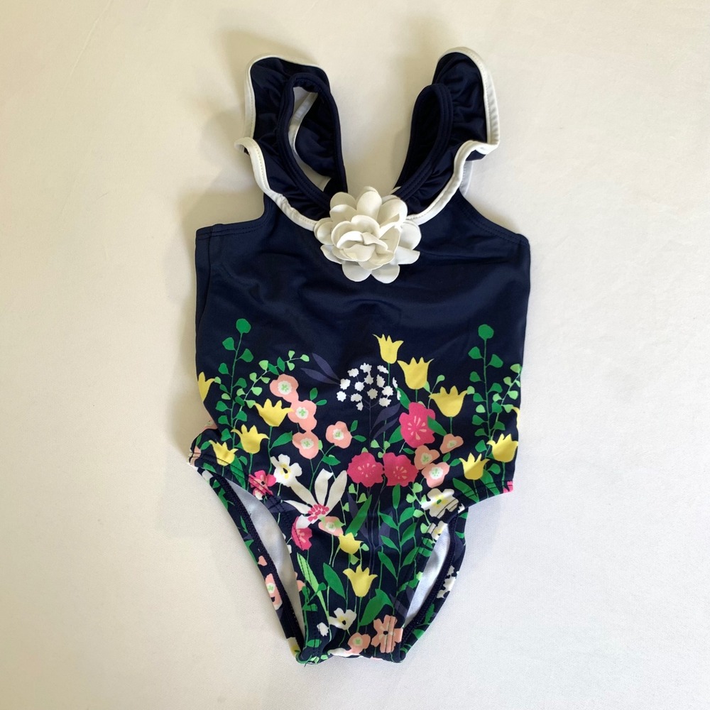 Janie and Jack Swimsuit Navy Blue Floral Ruffle Baby Girl 12-18 Months Preppy